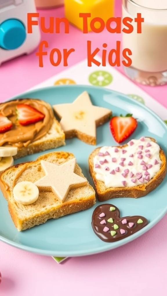 A variety of fun and colorful toast for kids with different toppings and shapes.